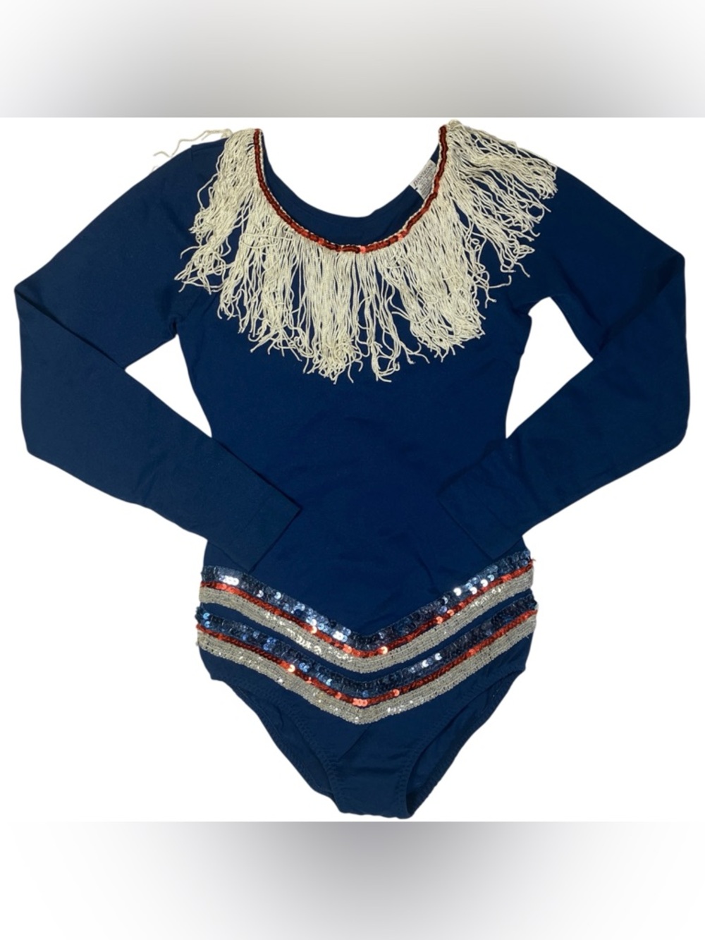 Vtg Majorette Dance Parade Costume Leotard Bodysuit Fringe Sequin Red White Blue